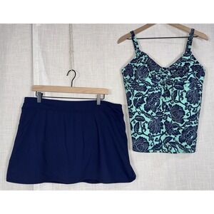 Lands‎ End Women's Tankini Swim Top Skirt Sz 18 Blue Floral Adj. Straps Swimsuit